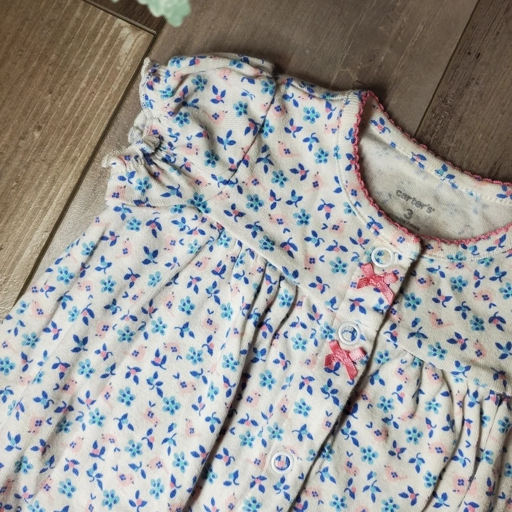 Carter's Baby Girl Size 3m Floral Bubble Romper 100% Cotton White Pink Blue EUC